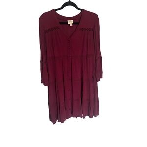 Knox Rose Burgundy Crochet Lace Tiered Button Bell Sleeve Mini Dress Medium